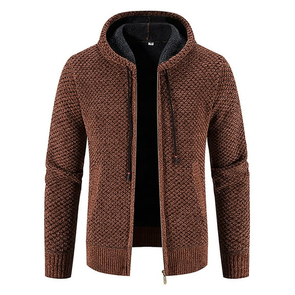 IYTR Men's Winter Warm Hooded Sweater Coat Thicken Fleece Outwear Plus Size Thermal Knitwear Coat with Pockets Brown L