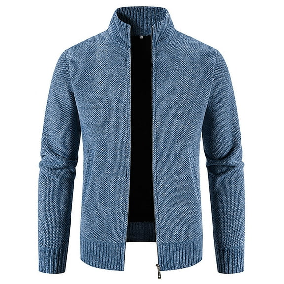 IYTR Men's Winter Warm Knitted Stand Collar Long Sleeve Zipper Cardigan Sweater Coats with Pockets Blue M
