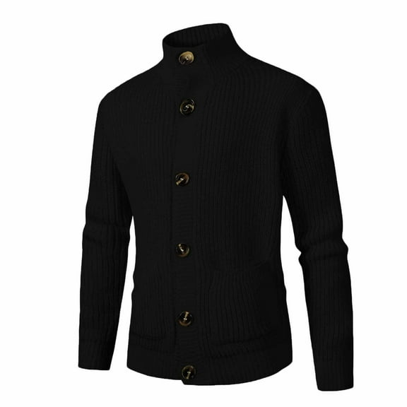 IYTR Men's Winter Warm Knitted Sweater Cardigan Stand Collar Long Sleeve Jumper Coats with Pockets Black XXL