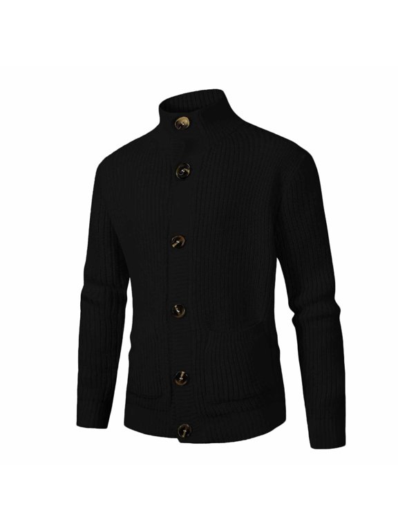 Men's Winter Warm Knitted Sweater Cardigan Stand Collar Long Sleeve Jumper Coats with Pockets Black XXL