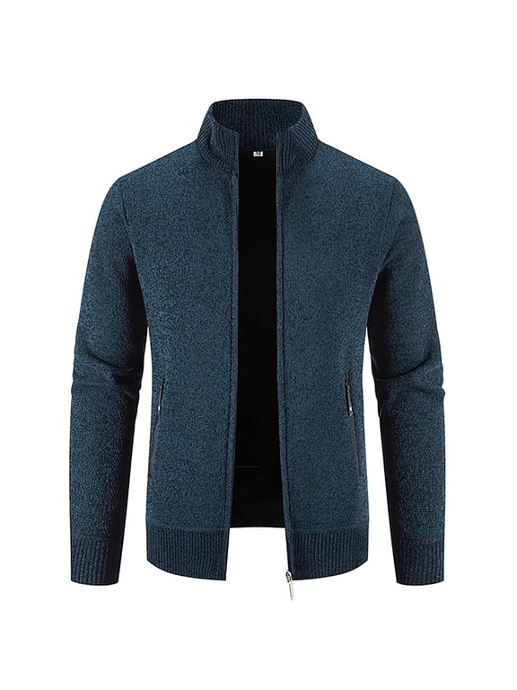 Men's Winter Warm Knitted Sweaters Stand Collar Zipper Long Sleeve Pockets Coats Cardigan Sweaters Outwear with Zipper Pockets Blue M