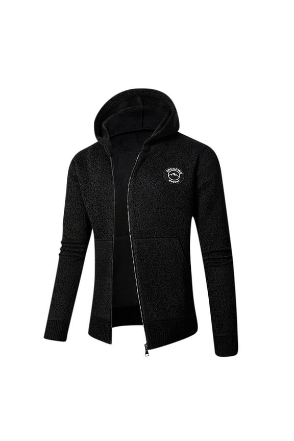 Men's Winter Warm Knitted Wool Thicken Outwear Sweaters Hooded Full Zip Coats with Pockets Black XXL