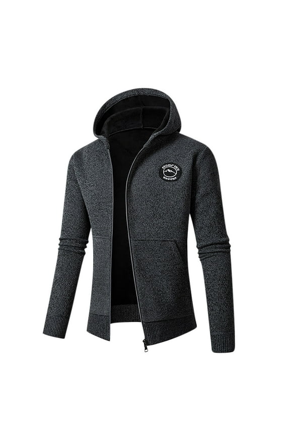 Men's Winter Warm Knitted Wool Thicken Outwear Sweaters Hooded Full Zip Coats with Pockets Dark Gray L