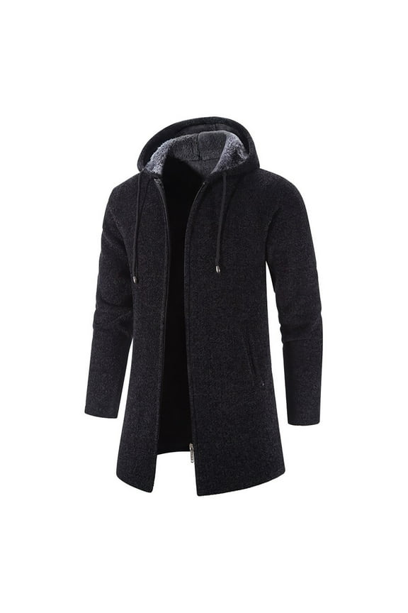 Men's Winter Warm Long Sleeve Hooded Drawstring Thicken Fleece Cardigan Sweater Coat Outwear with Pockets Black XL