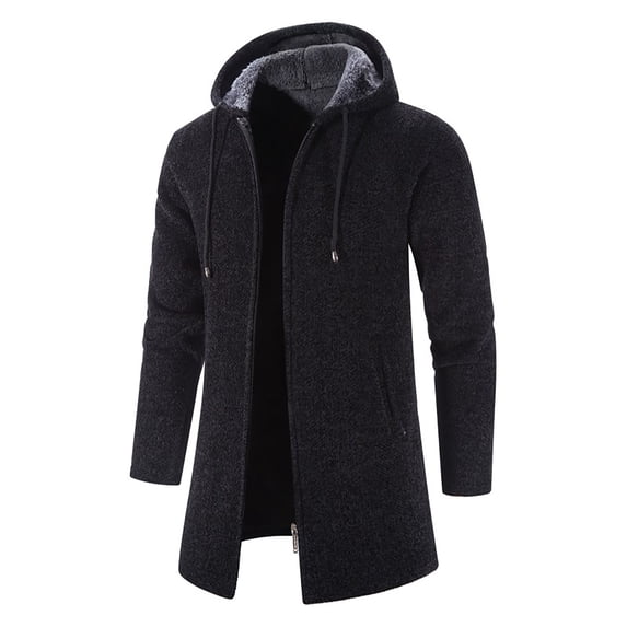 IYTR Men's Winter Warm Long Sleeve Hooded Drawstring Thicken Fleece Cardigan Sweater Coat Outwear with Pockets Black XXXL