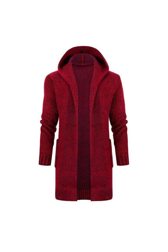 Men's Winter Warm Long Sleeve Knitted Sweater Cardigan Hooded Open Front Coat Jacket Outwear with Pockets Wine L