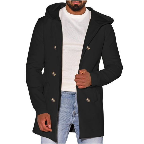 IYTR Men's Winter Warm Long Sleeve Turn-Down Collar Button Down Hooded Wool Blend Overcoat Trench Coat Jacket with Pockets Black XXXL