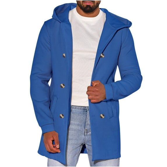 IYTR Men's Winter Warm Long Sleeve Turn-Down Collar Button Down Hooded Wool Blend Overcoat Trench Coat Jacket with Pockets Blue XXL