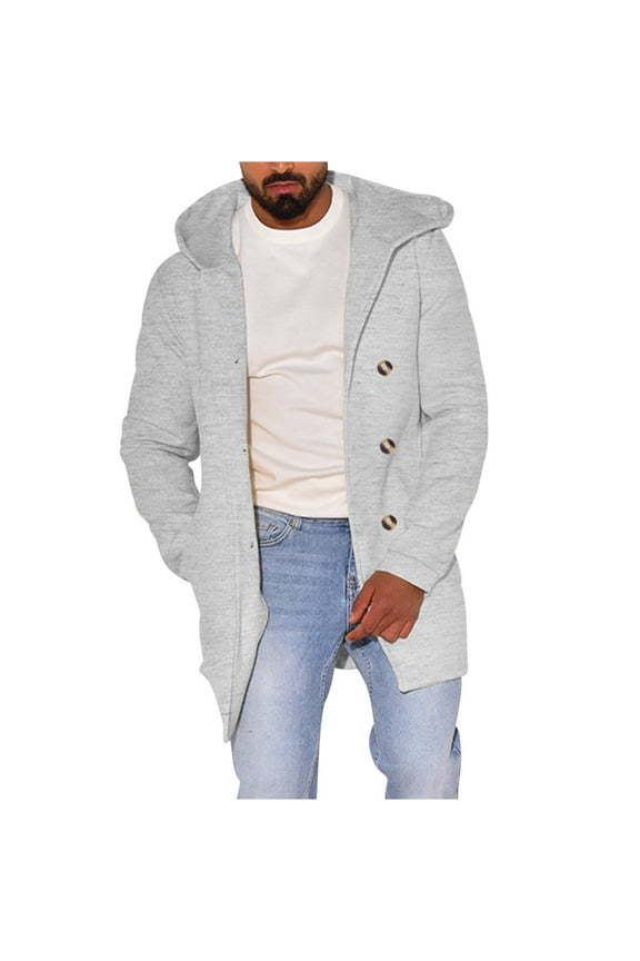 Men's Winter Warm Long Sleeve Turn-Down Collar Button Down Hooded Wool Blend Overcoat Trench Coat Jacket with Pockets Gray XL
