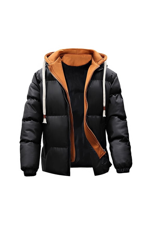 Men's Winter Warm Puffer Jacket Solid Color Long Sleeve Hooded Warm Thick Down Coat Warm Winter Jacket Outerwear Black XXXL