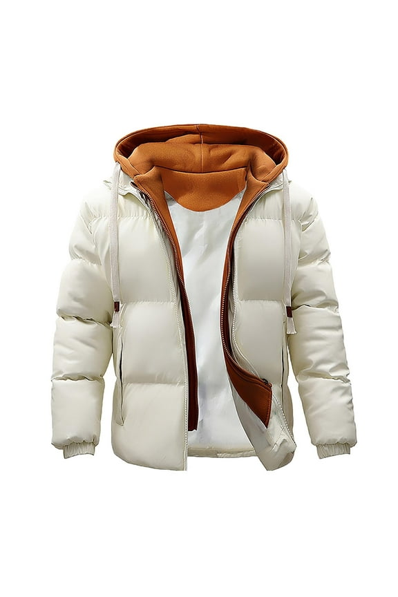 Men's Winter Warm Puffer Jacket Solid Color Long Sleeve Hooded Warm Thick Down Coat Warm Winter Jacket Outerwear White M