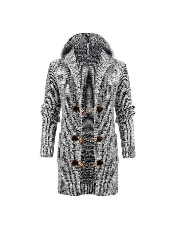 Men's Winter Warm Thick Knitted Wool Blend Long Sleeve Outwear Toggle Turn-Down Collar Cardigan Sweater with Hood Pockets Coat Gray XL