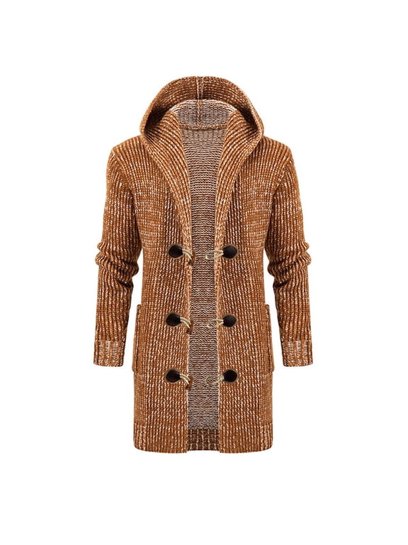 Men's Winter Warm Thick Knitted Wool Blend Long Sleeve Outwear Toggle Turn-Down Collar Cardigan Sweater with Hood Pockets Coat Khaki XL