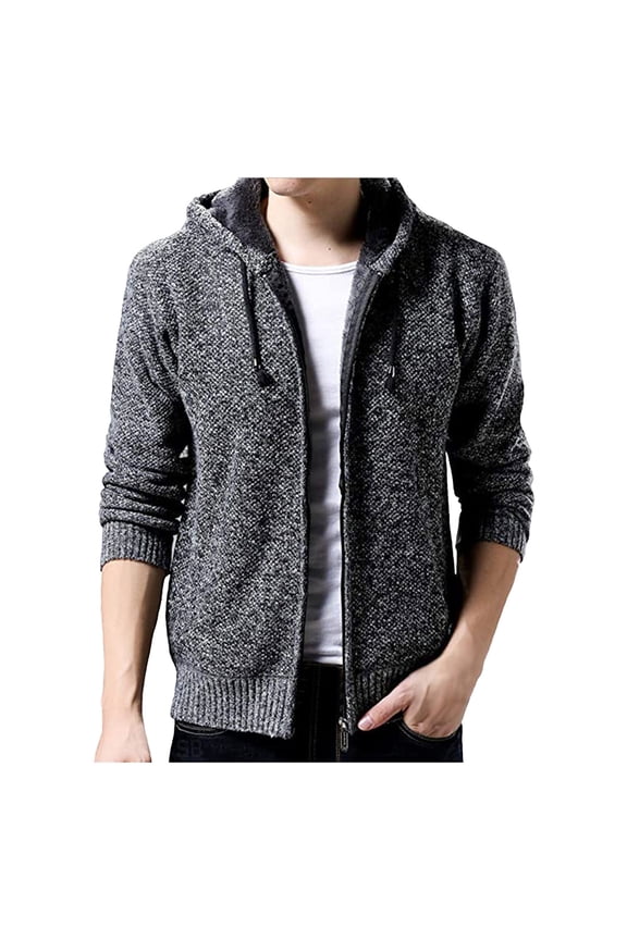 Men's Winter Warm Thickening Knitted Zipper Cardigan Sweaters Outwear Hooded Coat with Pockets Dark Gray L