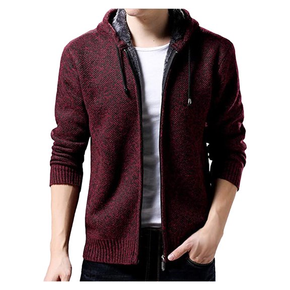 IYTR Men's Winter Warm Thickening Knitted Zipper Cardigan Sweaters Outwear Hooded Coat with Pockets Red L