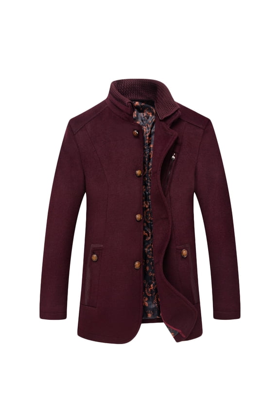 Men's Winter Warm Wool Blend Coat Stand Collar Single Breasted Peacoat Thickening Outwear with Pockets Wine XXXXL