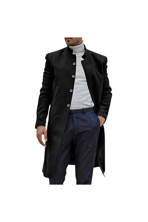 Men's Winter Wool Blend Long Trench Coat Warm Overcoat Slim Fit Outwear with Buttons Pockets Turn-Down Collar Business Long Coats