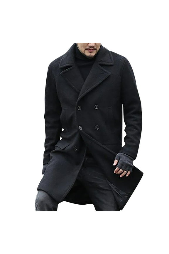 Men's Winter Wool Blend Overcoat Double Breasted Pea Coat Slim Fit Notch Lapel Business Warm Long Trench Coat with Pockets Black M