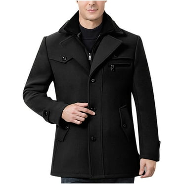 IYTR Men's Winter Wool Coat Fleece Solid Turndown Collar Warm Outwear Overcoat Peacoat with Pockets Black M