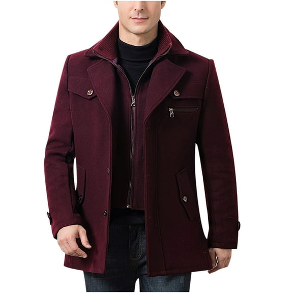 IYTR Men's Winter Wool Coat Fleece Solid Turndown Collar Warm Outwear Overcoat Peacoat with Pockets Wine M