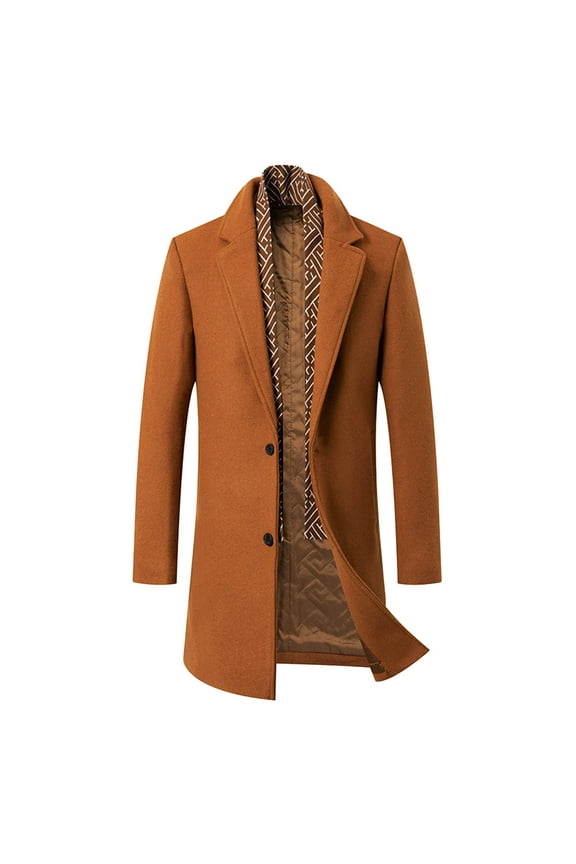 Men's Wool Blend Coat Warm Winter Trench Coat Button Lapel Long Sleeve Long Jackets Waterproof Outwear (Brown,M)