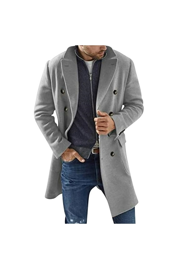 Men's Wool Blend Overcoat Winter Warm Double Breasted Long Trench Coat Business Outwear Overcoat with Two Pockets Gray L