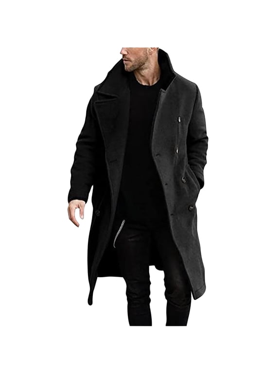 Men's Wool Blend Peacoat Mid-Length Trench Coat Winter Warm Overcoat Slim Fit Business Outwear with Buttons Black S