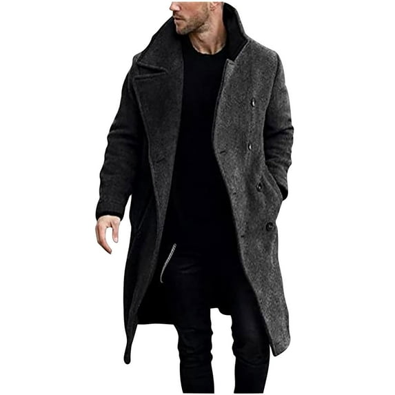 IYTR Men's Wool Blend Peacoat Mid-Length Trench Coat Winter Warm Overcoat Slim Fit Business Outwear with Buttons Dark Gray L