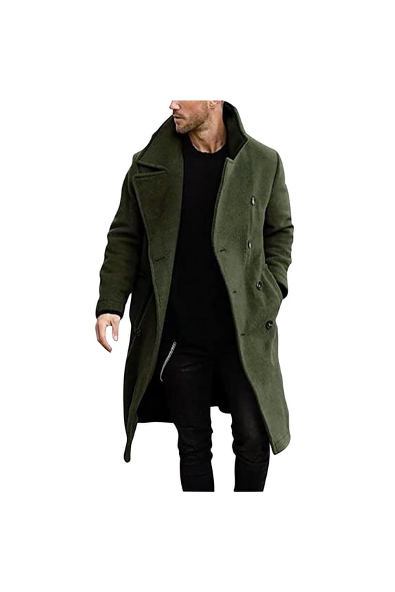 Men's Wool Blend Peacoat Mid-Length Trench Coat Winter Warm Overcoat Slim Fit Business Outwear with Buttons Green M