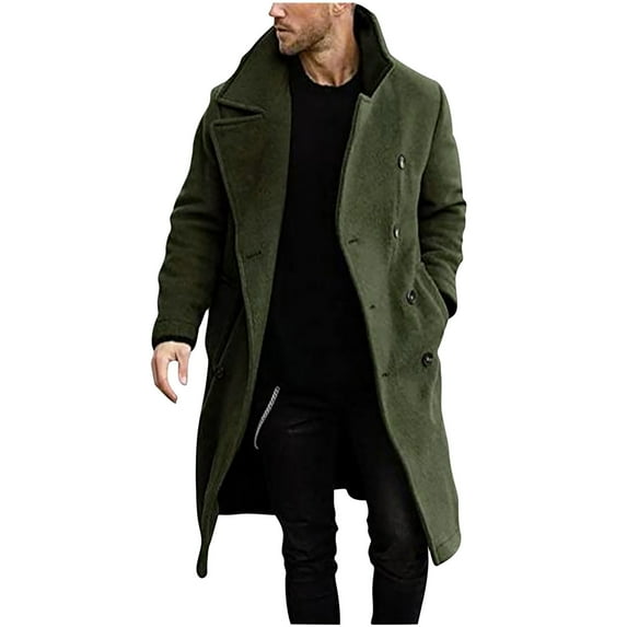 IYTR Men's Wool Blend Peacoat Mid-Length Trench Coat Winter Warm Overcoat Slim Fit Business Outwear with Buttons Green XL