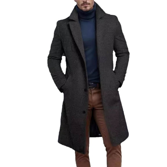 IYTR Men's Wool Long Trench Coat Fashion Lapel Solid Long Sleeve Winter Warm Overcoat Business Casual Outerwear Black S