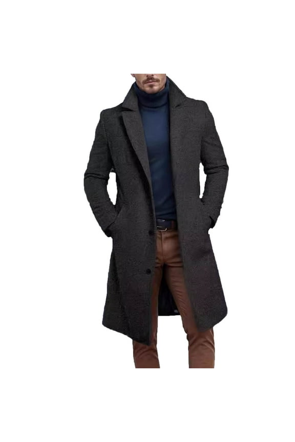 Men's Wool Long Trench Coat Fashion Lapel Solid Long Sleeve Winter Warm Overcoat Business Casual Outerwear Dark Gray M