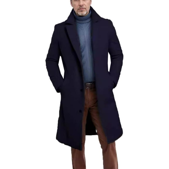 IYTR Men's Wool Long Trench Coat Fashion Lapel Solid Long Sleeve Winter Warm Overcoat Business Casual Outerwear Navy S