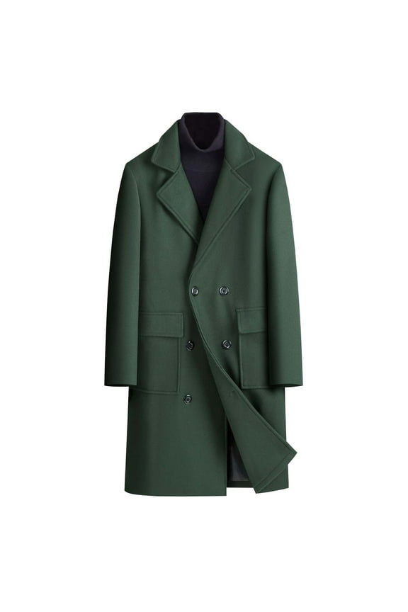 Men's Wool Overcoat Double Breasted Trench Coat Winter Warm Long Jacket Business Outwear Army Green XL