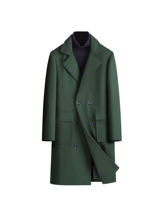 Men's Wool Overcoat Double Breasted Trench Coat Winter Warm Long Jacket Business Outwear Army Green XL