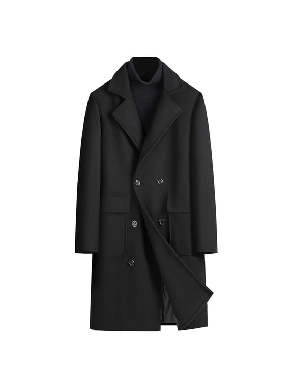 Men's Wool Overcoat Double Breasted Trench Coat Winter Warm Long Jacket Business Outwear Black M