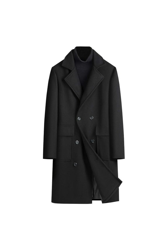 Men's Wool Overcoat Double Breasted Trench Coat Winter Warm Long Jacket Business Outwear Black M