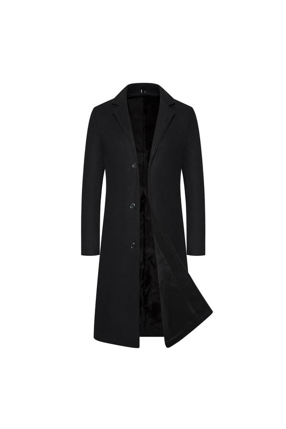 Men's Wool Trench Coat Solid Color Single-Breasted Winter Warm Long Sleeve Overcoat Classic Lapel Button Up Jacket Black XXXXXL