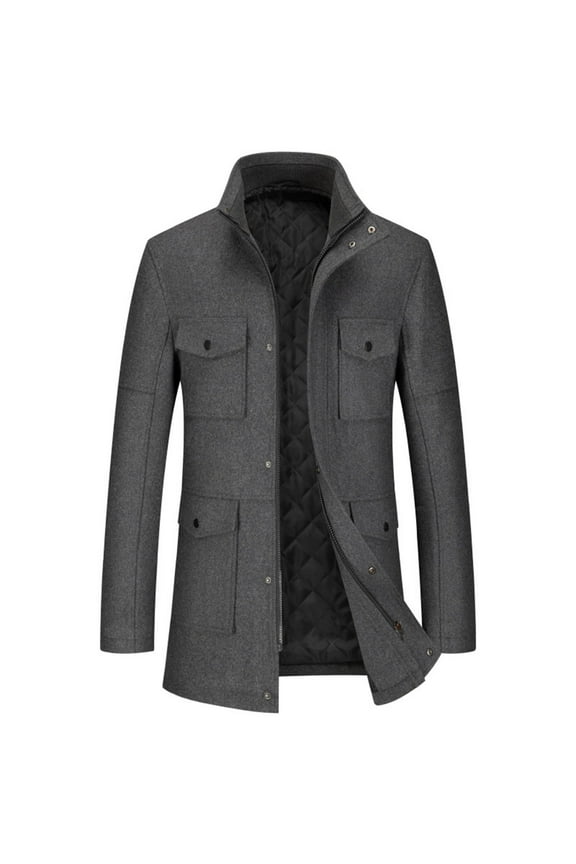 Men's Wool Winter Coat Warm Thicken Overcoat Long Sleeve Jacket Stand Collar Pockets Outerwear Gray XS