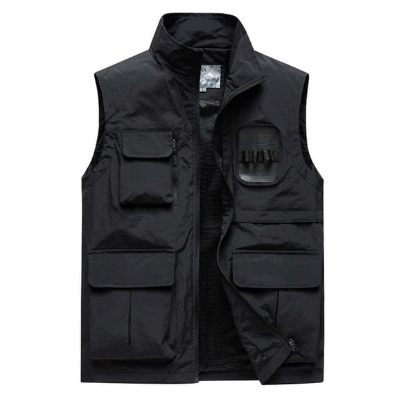 IYTR Men's Work Clothes Jacket Sleeveless Jacket Zipper Stand-up Collar Coat Outdoor Sports Photography Leisure Coat with Pocket Solid Color Black-A XXL
