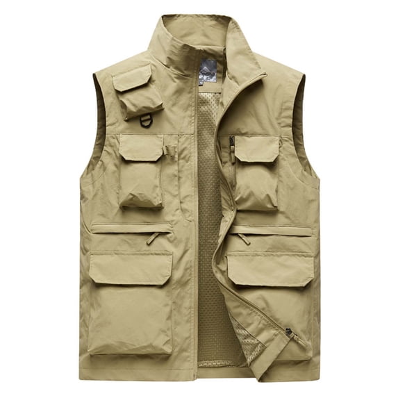 IYTR Men's Work Clothes Jacket Sleeveless Jacket Zipper Stand-up Collar Coat Outdoor Sports Photography Leisure Coat with Pocket Solid Color Khaki XL