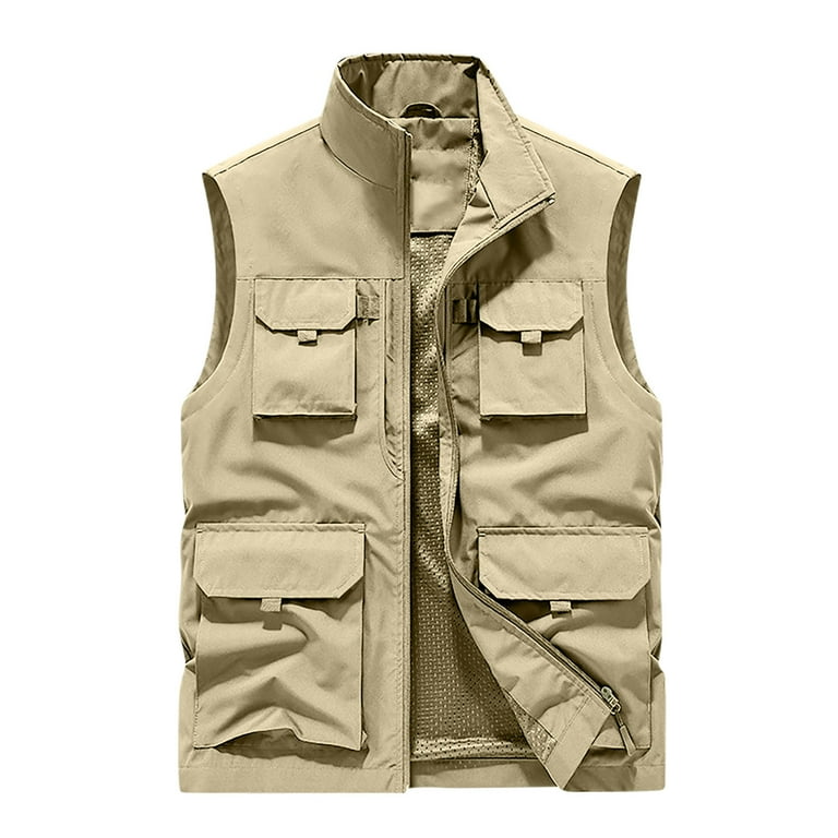IYTR Men s Work Jacket Sleeveless Jacket Solid Color Zipper Stand Up Collar Loose Outdoor Photography And Sports Jacket Coat with Pocket Khaki XL