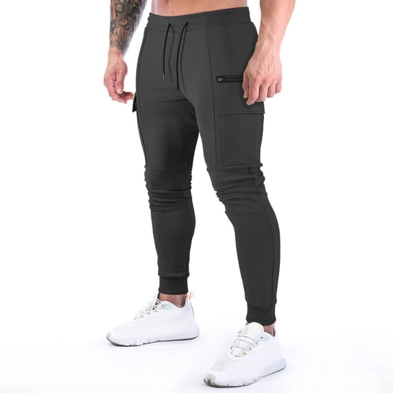 IYTR Mens Athletic Pants With Pockets Solid Color Drawstring Elastic Waist Trousers Slim Fitness Gym Pants Casual Comfy Summer Fashion Black M