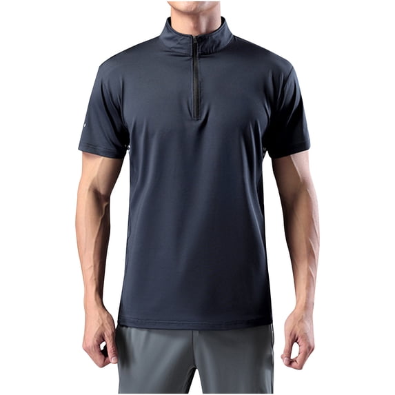 IYTR Mens Athletic Shirts Loose Workout Shirts Summer Fashion Solid Color Casual Zipper Stand-up Collar Tee Shirts Short Sleeve T Shirts Blue XXXXXL