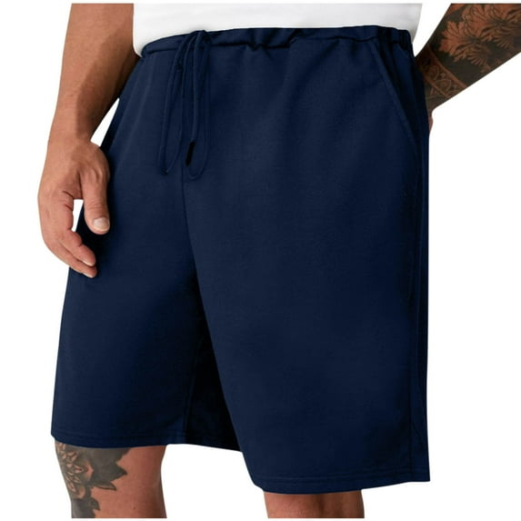 IYTR Mens Athletic Shorts Drawstring Elastic Waist Shorts Straight Shorts With Pocket Exercise Fitness Home Half Shorts Summer Solid Color Blue L