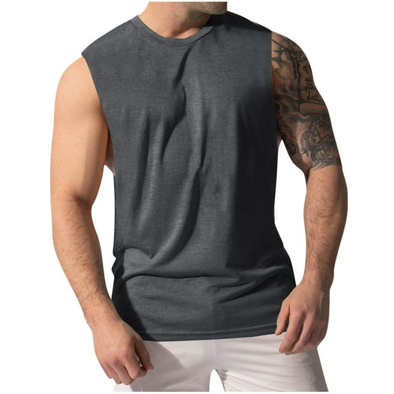 IYTR Mens Athletic Tee Shirts Casual Solid Color Summer Sleeveless T Shirts Comfy Round Neck Body-Building Sports Vest With Side Split Vest Dark Gray M