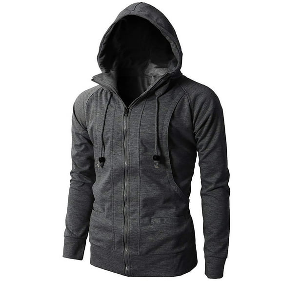 IYTR Mens' Autumn Winter Hooded Coat Zipper Hooded Neck Solid Color Long Sleeve Jacket Leisure Hooded Sport Jackets Coat with Pocket Dark Gray XL