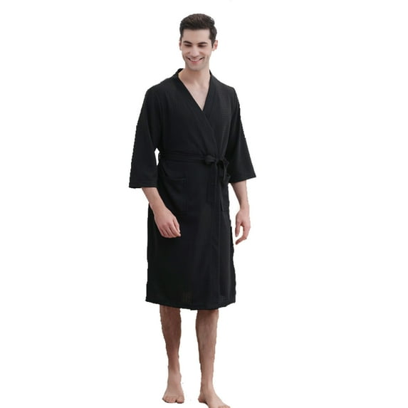 IYTR Mens Bathrobe Solid Color Shawl Collar Robe Waffle Thin Robe In Spring And Summer Black XL