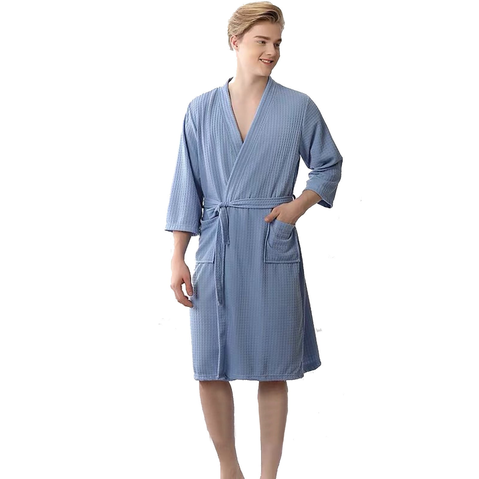 IYTR Mens Bathrobe Solid Color Shawl Collar Robe Waffle Thin Robe In ...
