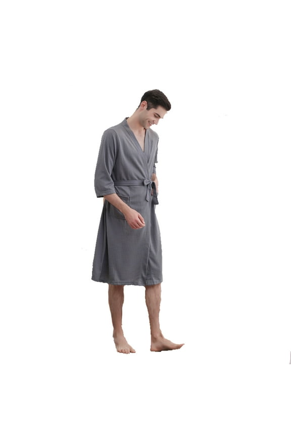 Mens Bathrobe Solid Color Shawl Collar Robe Waffle Thin Robe In Spring And Summer Gray M